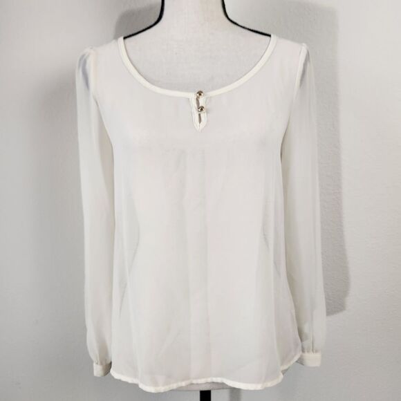 MINE Womens Size Small Cream White Sheer Long Sleeve Summer Spring Blouse - Picture 2 of 10